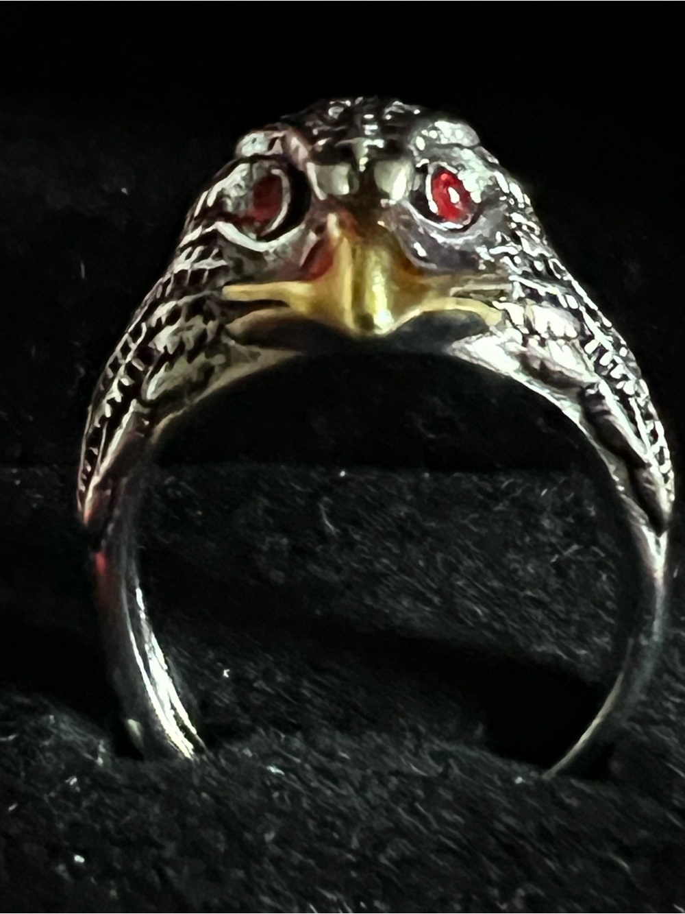 Silver Eagle Head Ring with Red Eyes - Adjustable Size 9-14